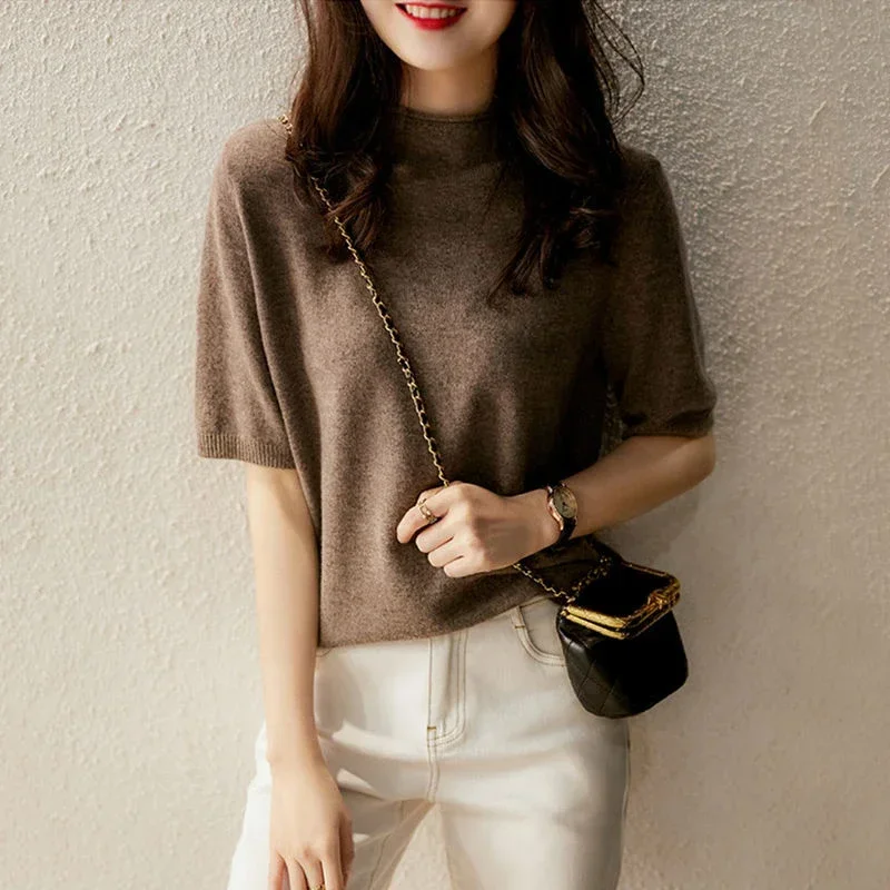 Summer Knitted Women Blouse Half-Turtleneck Tops Fashion Loose Elegant Clothing Half Sleeve Shirt