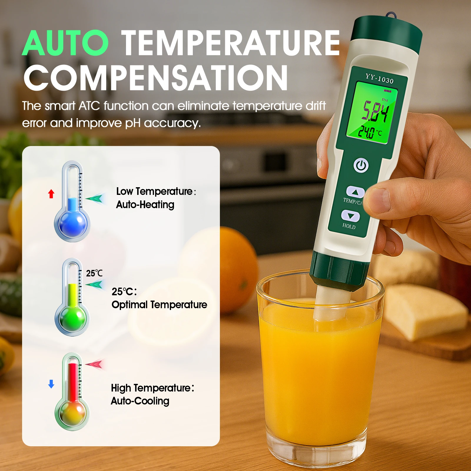 Puncture pH Meter for Meat Fruit Soil Cheese Dough Tester 0.00-14.00 pH ±0.01 Accuracy IP67 Holdpeak YY-1030