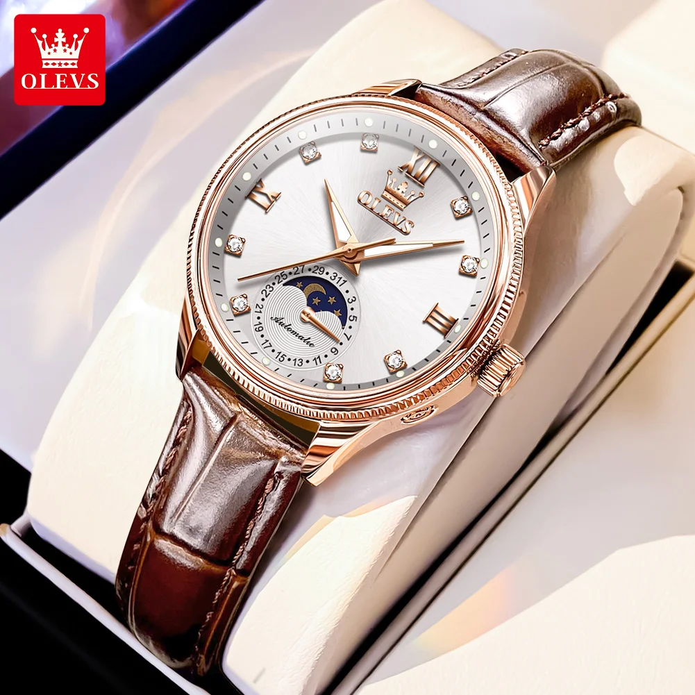 OLEVS Original Brand Fashion Moon Phase Mechanical Watch Elegant Women's Watches Luxury Leather Waterproof Ladies Wristwatch