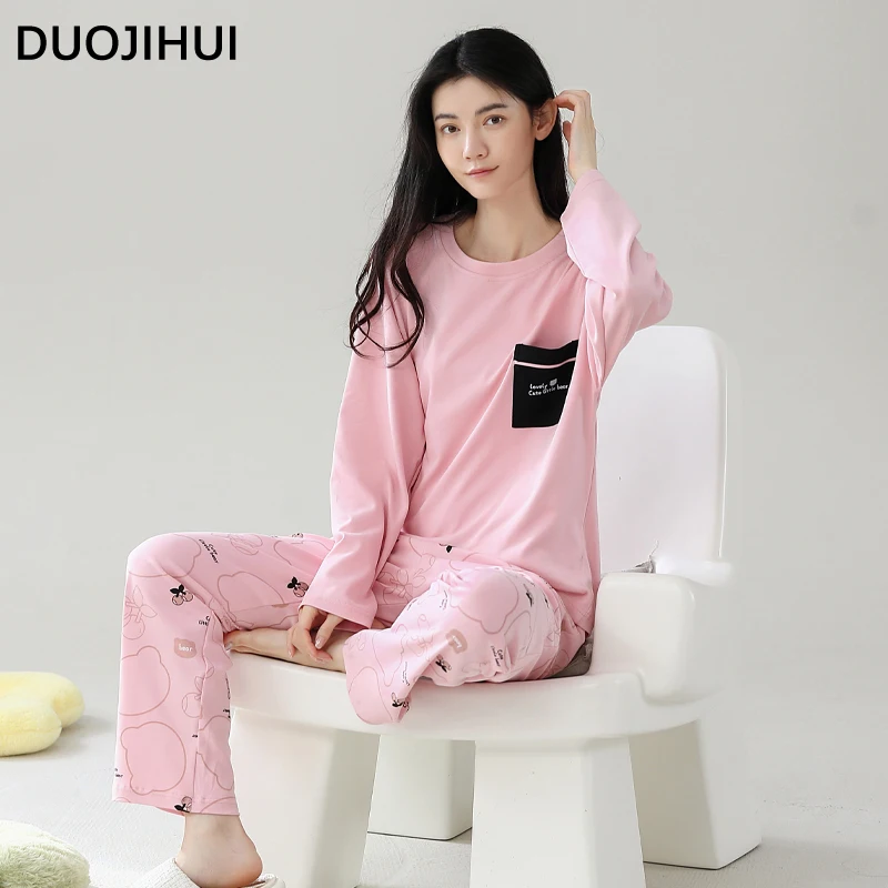 DUOJIHUI-Conjunto de pijama doce de cor pura para mulheres, pulôver com pescoço o, calça básica, solta, impressão simples, pijamas femininos, bolso chique, moda