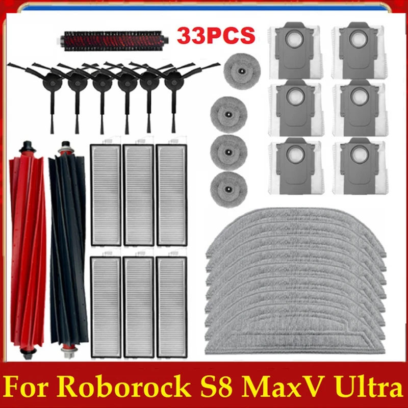 33PCS Accessories Kit For Roborock S8 Maxv Ultra Robot Vacuum Spare Parts Main Side Brushes Mop HEPA Filters Dust Bags