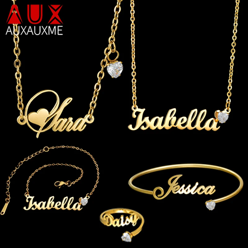 

Auxauxme Custom Heart Crystal Zircon Names Jewelry Set for Women Stainless Steel Personalized Necklace Ring Bracelet Jewelry