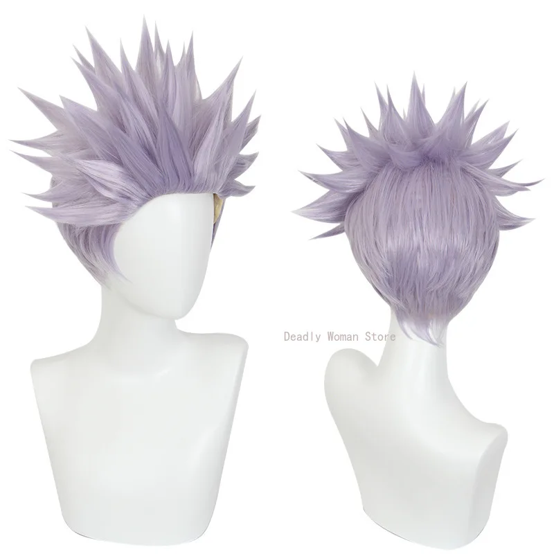 Anime Gojo Satoru Cosplay Peruca, Cabelo Curto, Rosa De Seda De Alta Temperatura, Perucas De Malha Interior e Boné