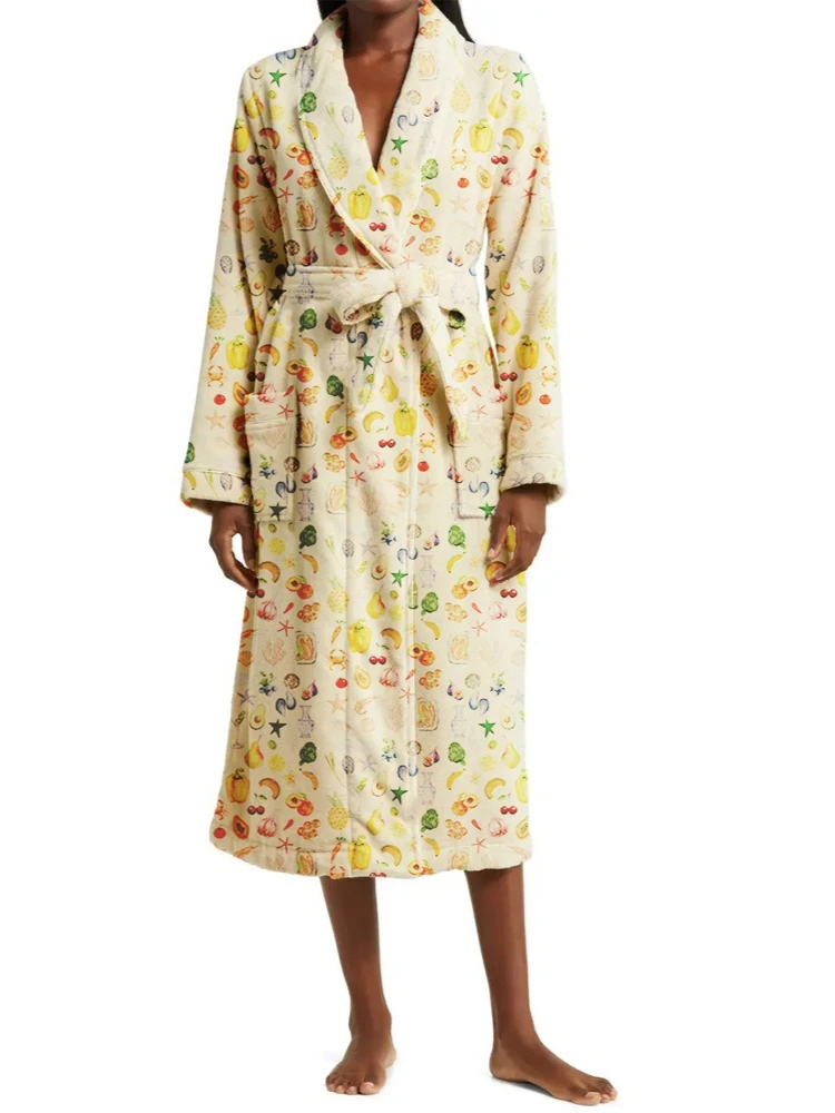 Халат с фруктовым принтом, осенне-зимний новый стиль, толстый длинный халат с завязками на талии, домашняя одежда с длинными рукавами