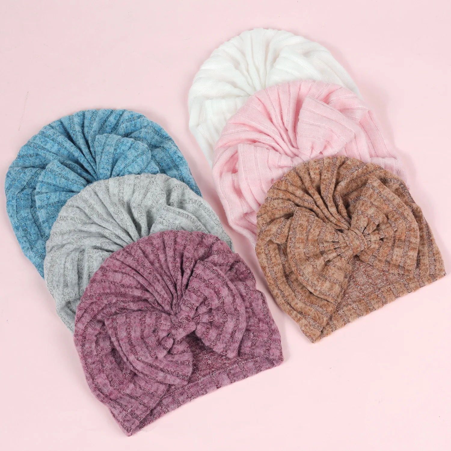 Solid Textured Knitted Turban Baby Hats Bow Topknot Caps for Newborn Boy Girl Toddler Hospital Headwraps Kids Hair Accessories