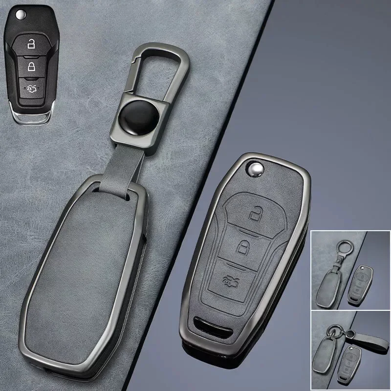 Zinc Alloy Leather Car Key Case Cover For Ford Focus MK4 Explorer F-150 F-250 Ranger Mondeo Ecosport