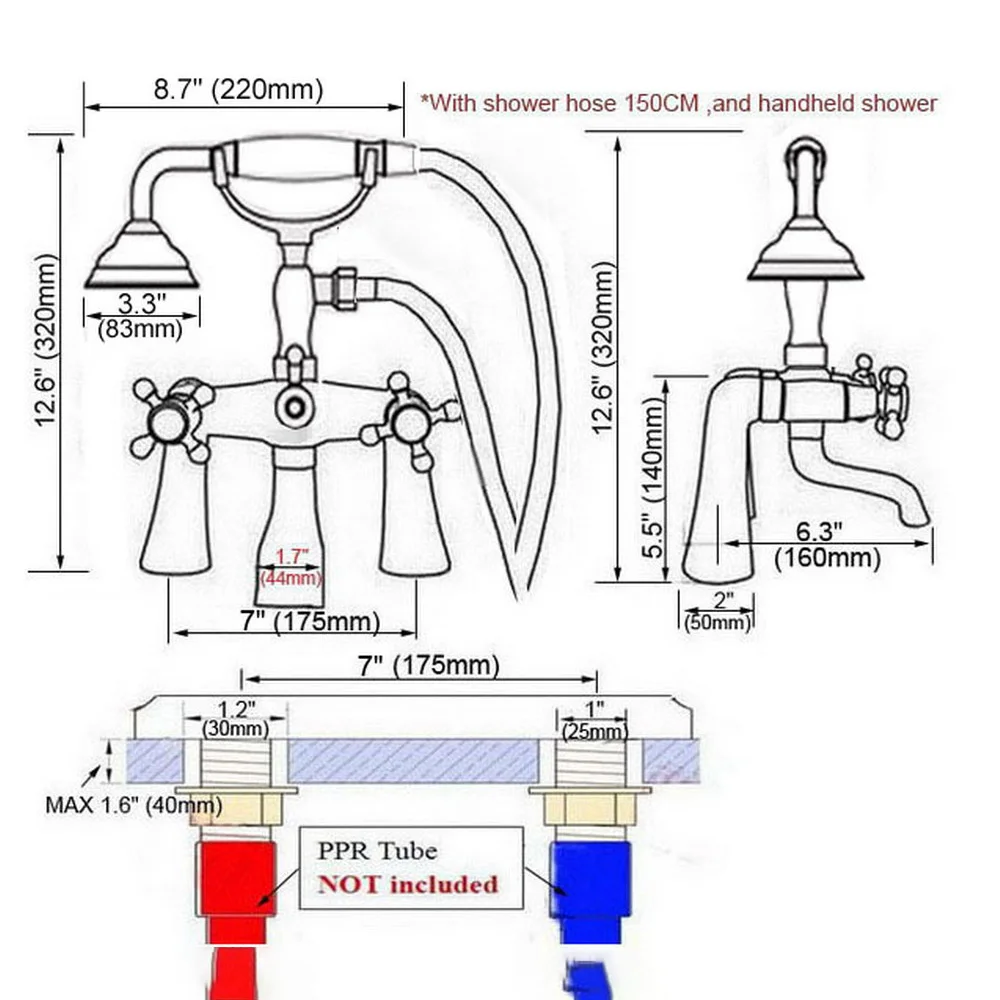 Deck Mounted Polished Silver Chrome Brass Bathroom Tub Faucet Set with 150CM Handheld Shower Spray Head Bath Mixer Tap 2cy007