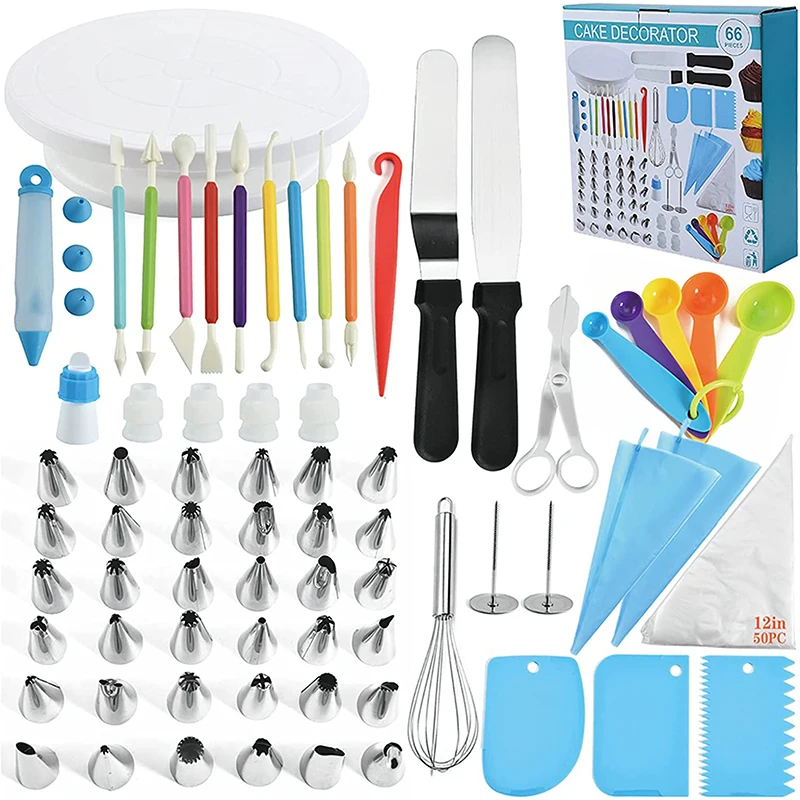 LMETJMA 66 Pcs Cake Decorating Kit with Cake Turntable Cake Leveler Icing Piping Tips Spatula Scraper Kit Piping Bag KC0472