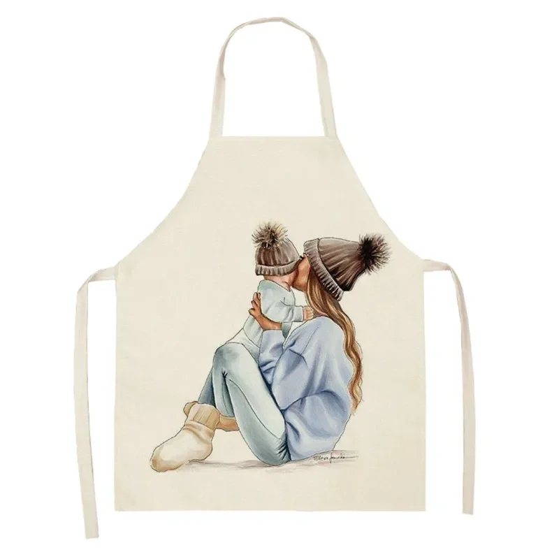 Parent-child Kitchen Apron Mother Daughter Printed Sleeveless Happy Family Cotton Linen Aprons for Men Women Home Cleaning Tools