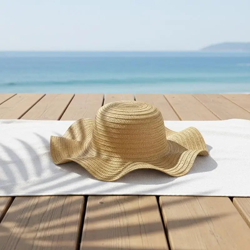 Summer Beach Wavy Edge Wide Brim Straw Hat For Seaside Vacation Women Outdoor Sun Cap