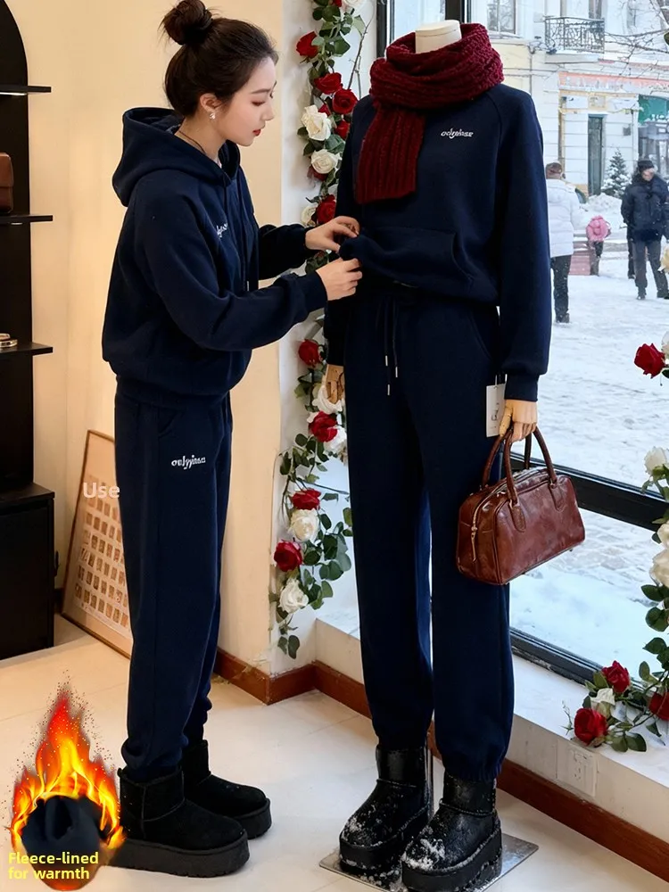

Winter New plus Size Women's Fce Lined Thiened Warm Casual Sportswear Set Hoodie And Pants Two Piece Suit High Waist