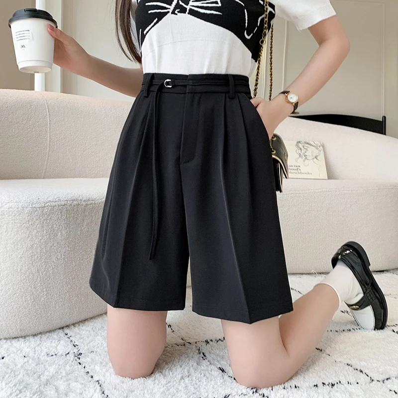 Fashion Streetwear Summer Shorts For Women High Waist Loose Wide Leg Short Pants Femme Bandage Bermudas Mujer Blue Grey Black