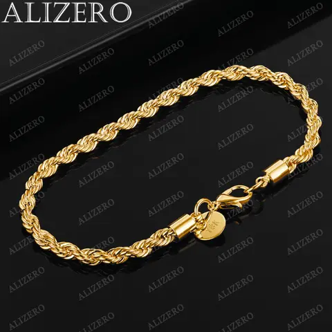 ALIZERO 925 Sterling Silver 18K Gold Plated 4MM Twisting Rope Chain Bracelet For Women Men Fashion Accessories Jewelry Gift