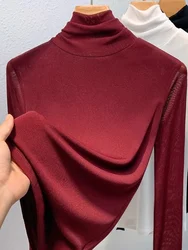 Coffee Colored Mesh High Neck Base Shirt, Women's Spring and Autumn Black Long Sleeved T-shirt, Thick and Warm, Winter Soft Top