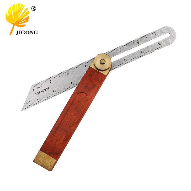 Red wooden handle movable angle ruler, stainless steel ruler body metric double-sided scale, multi-purpose measuring movable ang