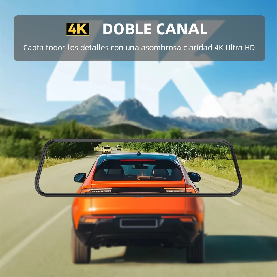 Cámara DVR para Auto con Espejo de 9.66 Pulgadas y Resolución 4K, Compatible con Android Auto, WiFi 5G, GPS, Cámara Trasera 1080P, Visión Nocturna, Grabación en Bucle, Monitor de Estacionamiento 24H