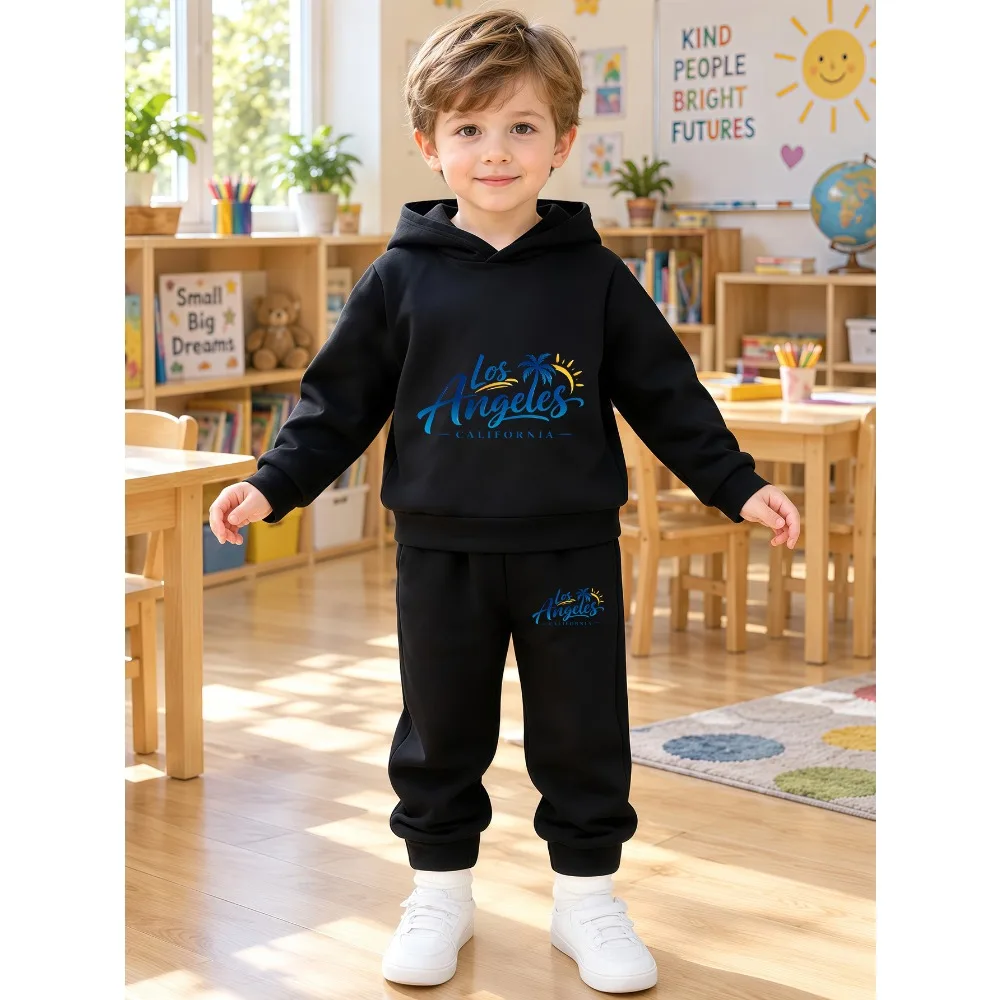 Los Angeles California Individual Letter Print Boys' Fashion Hooded Sweatshirt Set Comfortable Casual Long Sleeve Hoodie
