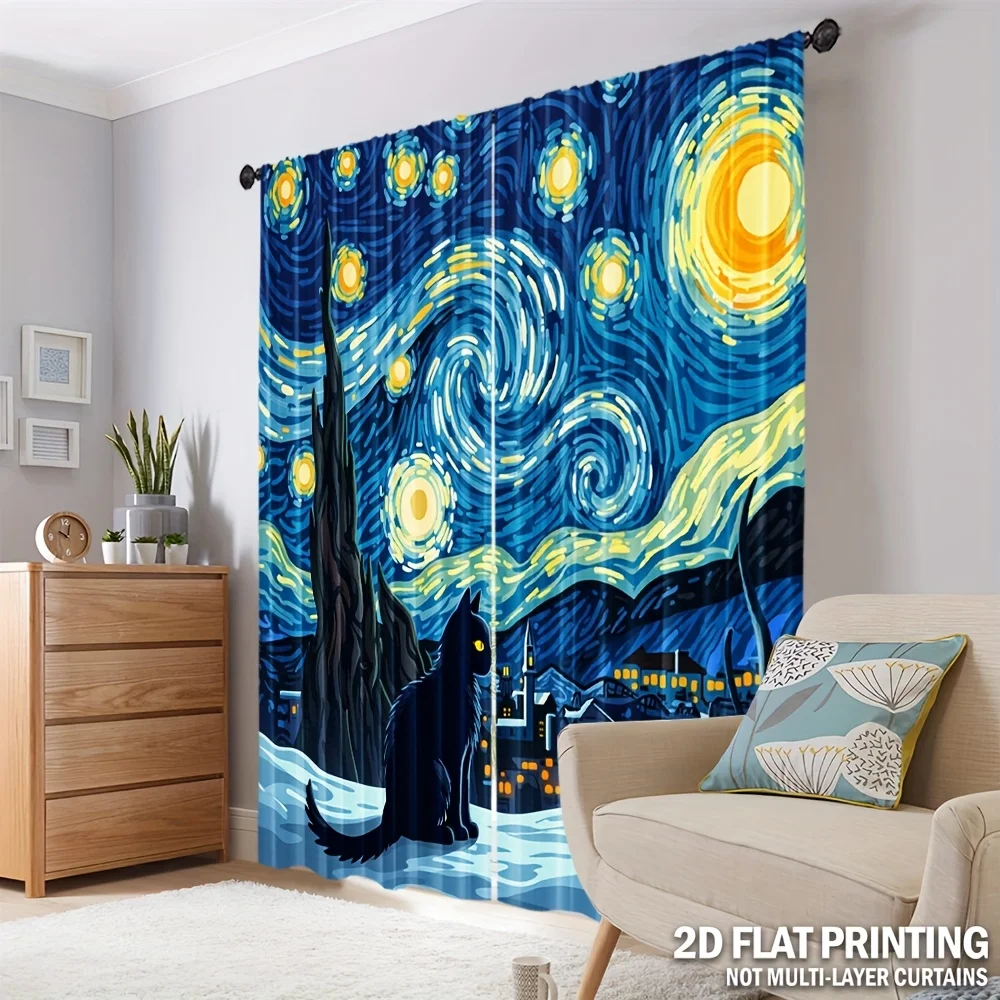 

Шторы с изображением черной кошки в стиле «Звездная ночь» в духе Ван Гога, художественные занавески для окон спальни, гостиной, галереи, защита от посторонних глаз pcspcs