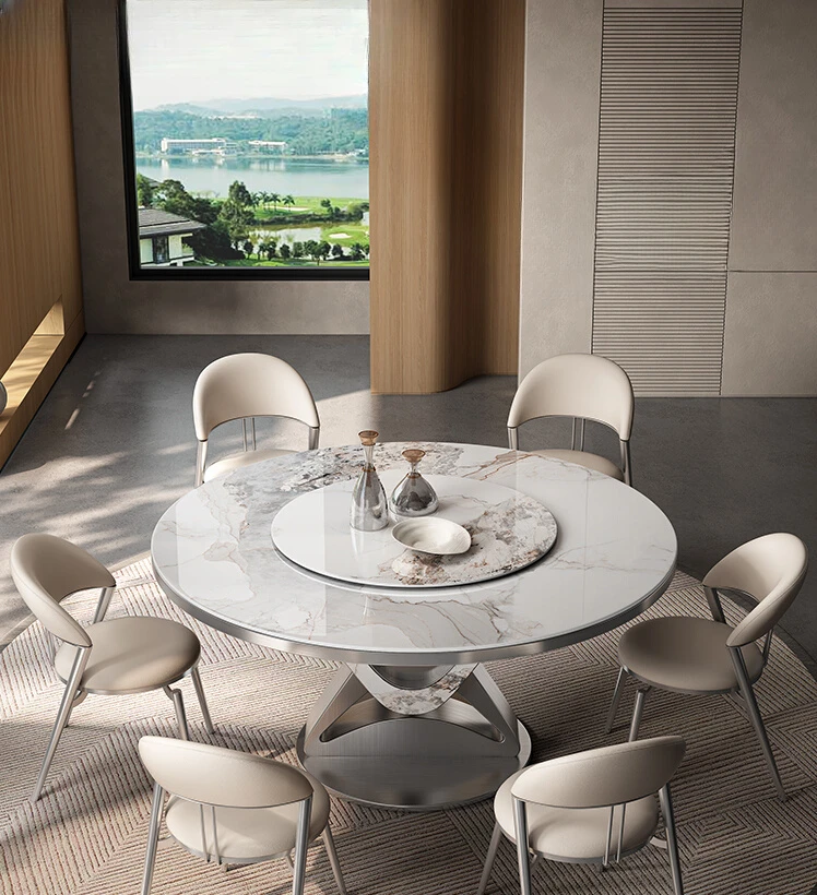 

Luxury Stone Rock Plate Round Dining Table High end Italian Light Luxury Villa with Rotary Table and Chair