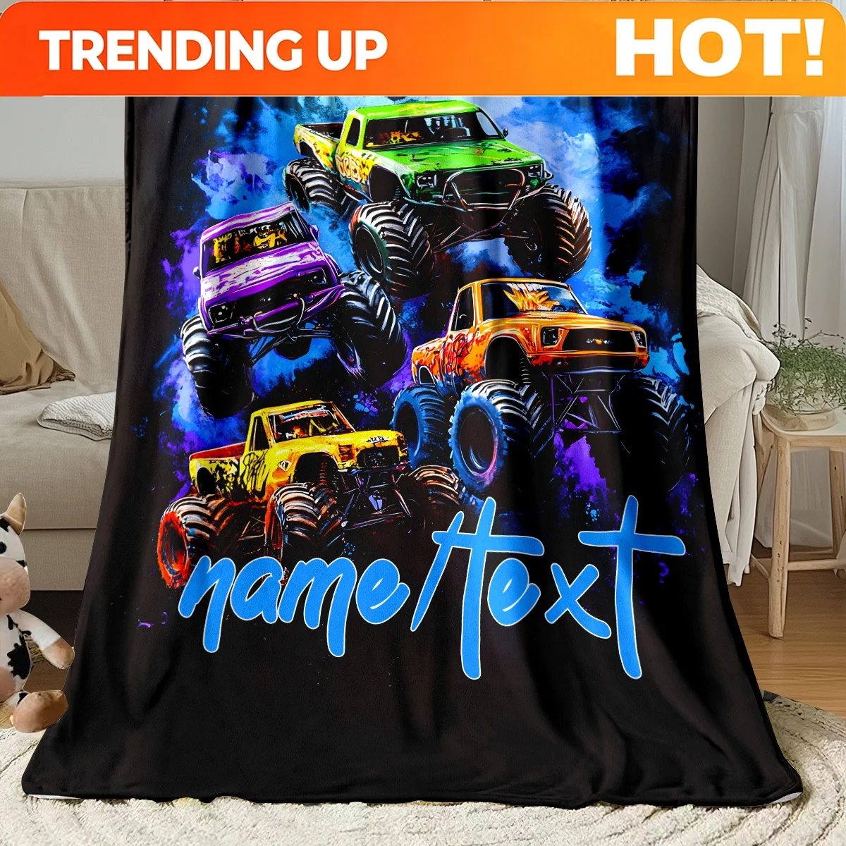 Customize A Customizable Monster Truck Fleece Blanket That Is Soft, Lightweight, And Warm, Perfect for Home Or Travel. It Featur