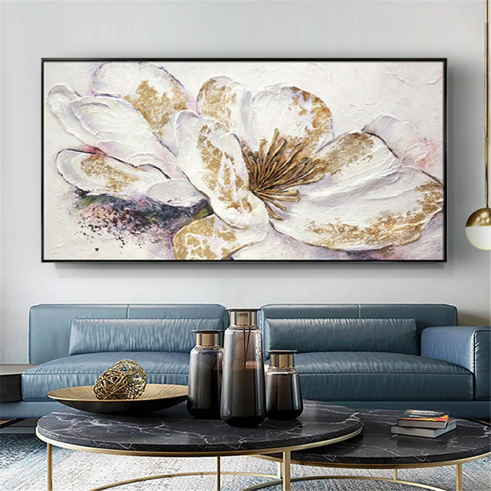 Hand-Painted White Gold Foil Depicting Petal Pattern Abstract Flower Canvas Oil Painting Minimalist Wall Art Pictures Decor Home