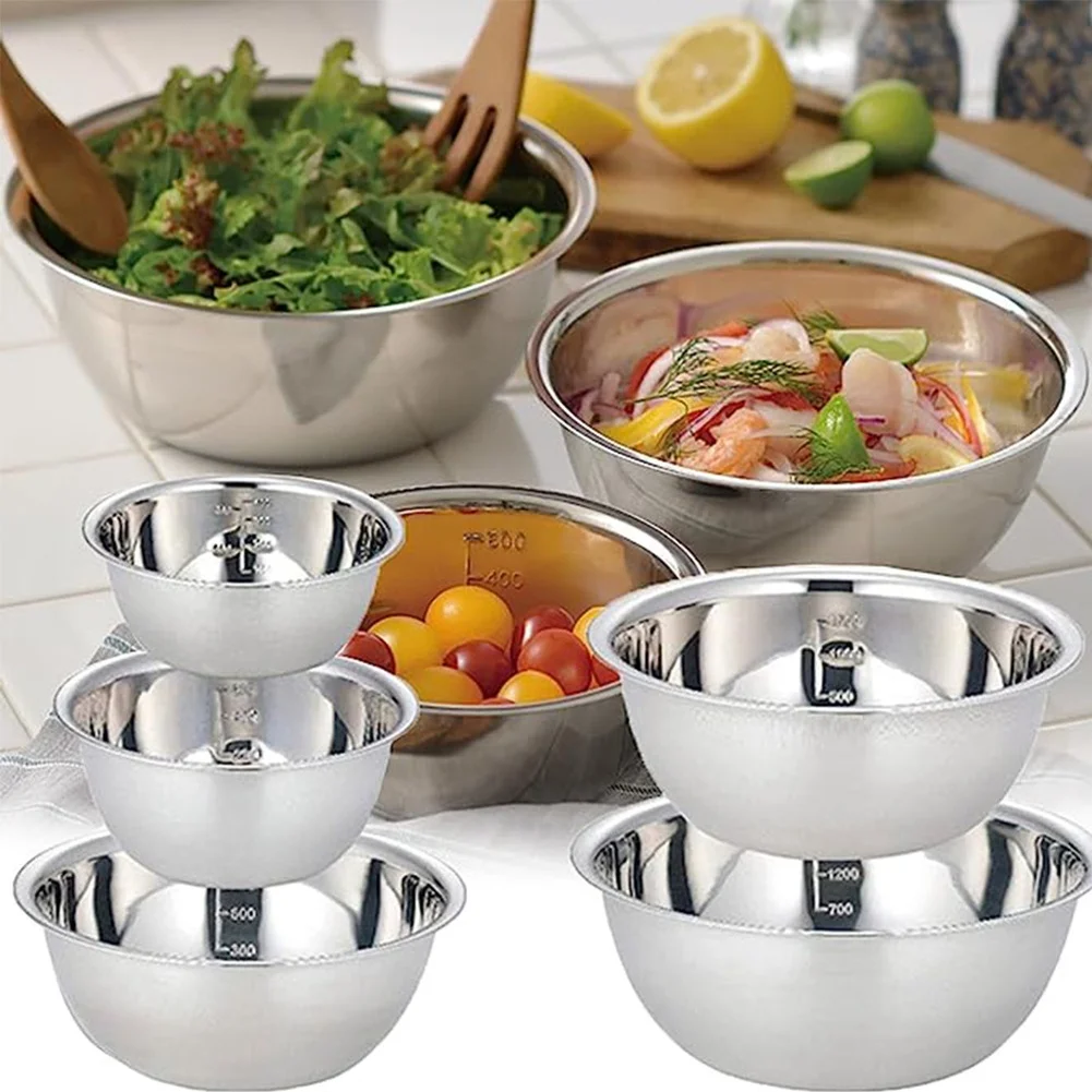 3PC Stainless Steel Mixing Bowls with Measurement Indicators 0.8L 1.2L 2L Rust-Resistant Kitchen Bowls for Cooking Tasks