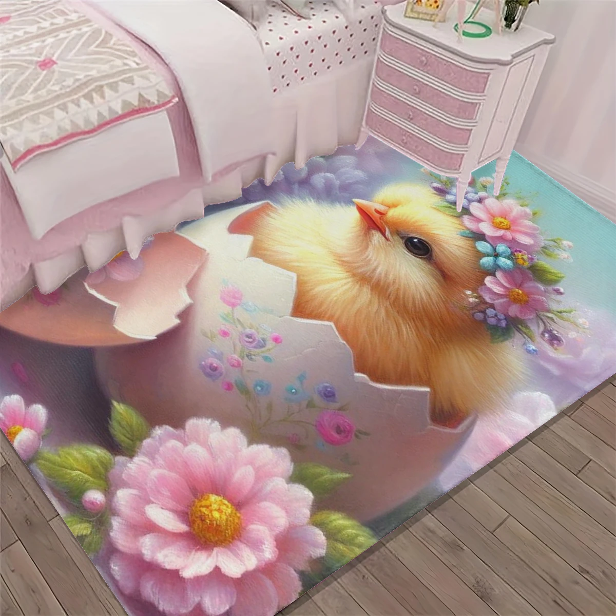 1Pc Soft Cute Chick Flower Floor Mat Healing Fairy Tale Style Children's Room Bedroom Non-Slip Atmosphere Carpet Foot Mat