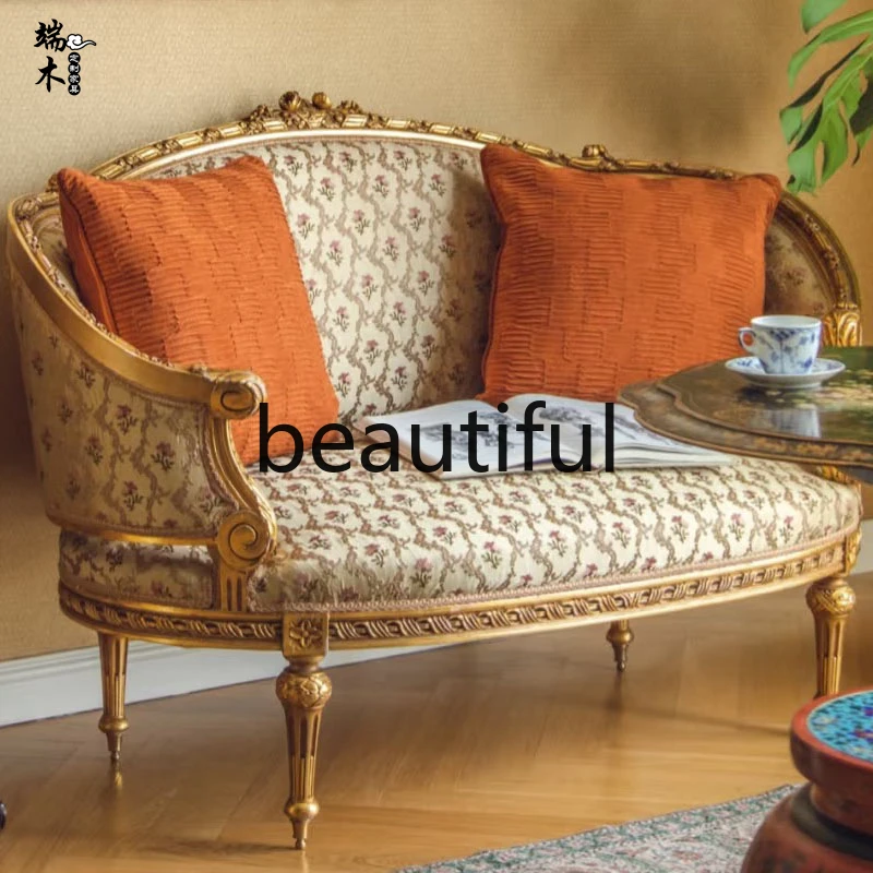 

French luxury solid wood gold old living room double three sofa chair fabric folk studio carved leisure sofa