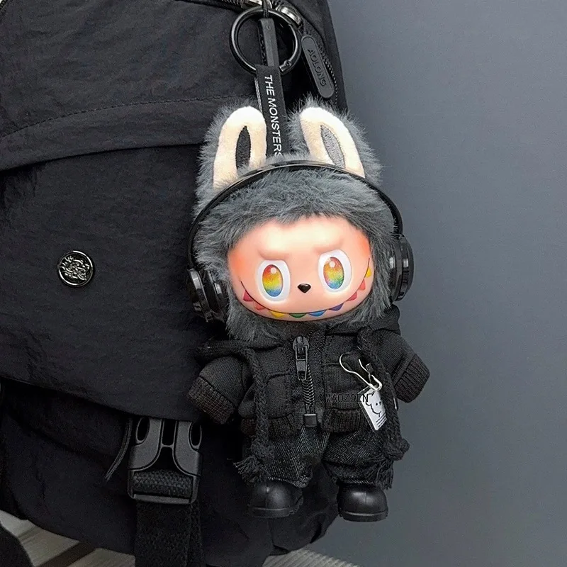 

For 15 17cm Labubu Doll Cool Black Zipper Hoodie Outfit Clothing Shoes Headset Set Clothes Accessories Sitting Party Game Gifts