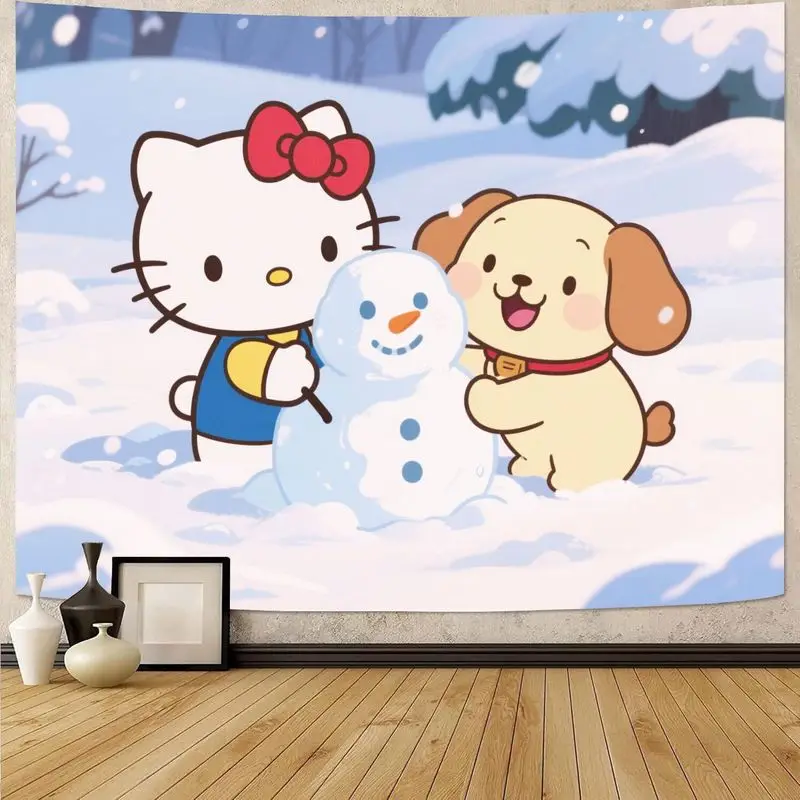 

1 шт. Sanrio Hello Kitty Pompompurin, зимний снеговик, кавайный гобелен, полиэстер, настенное искусство, милый декор для комнаты для девочек, детский подарок для спальни