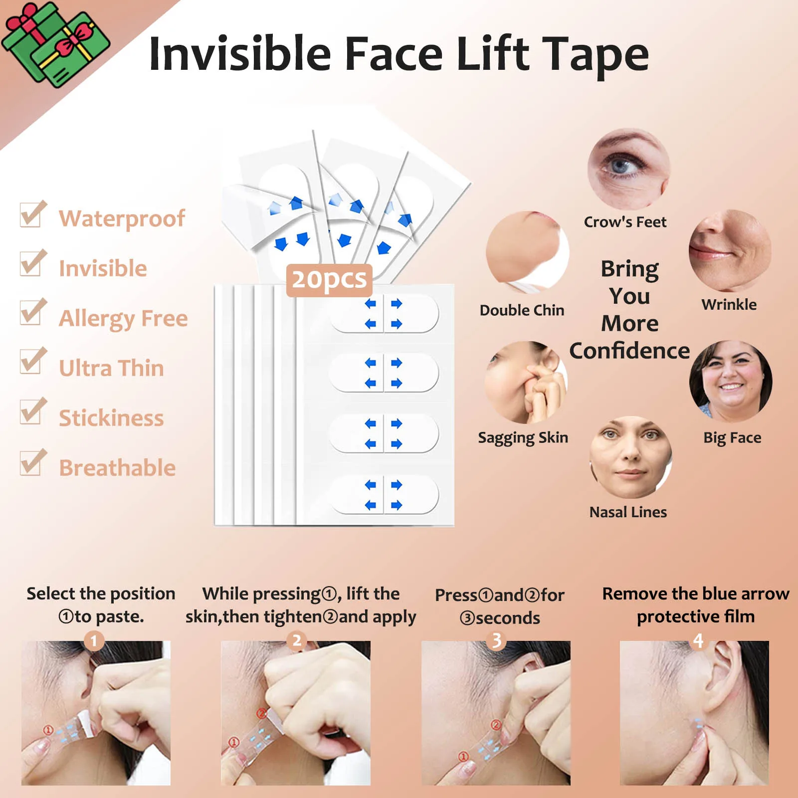 Ubodyoase 2-In-1 Face Lift Band En Tape Voor Het Optillen En Elimineren Van Rimpels, Onzichtbare Make-Up Tool