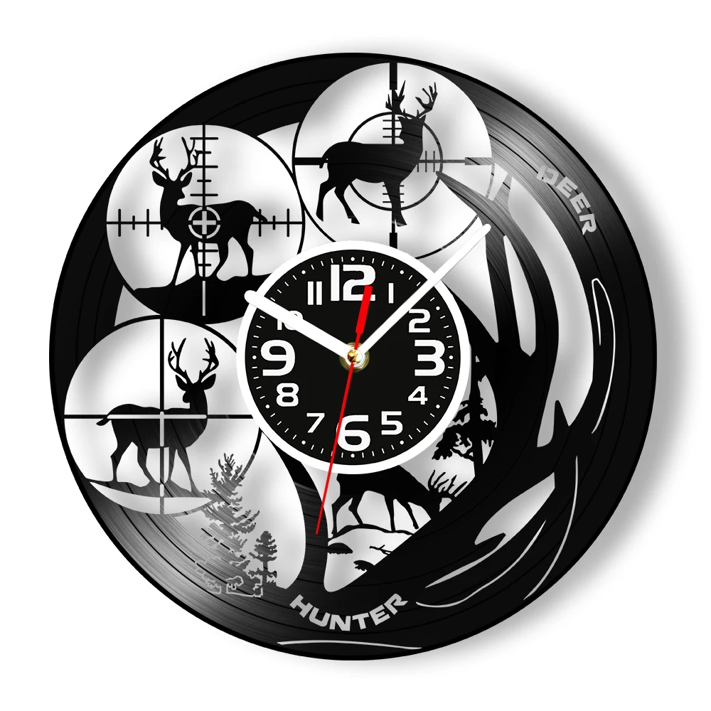 Deer Hunter Vinyl Record Wall Clock for Man Cave Hunting Lodge Cabin Garage Hunting Scope Target Forest Wildlife Wall Clock