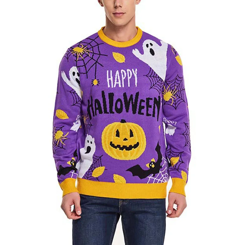 Men Knitted Sweater Halloween Pumpkin Print Long Sleeve Jumper Fall Casual Pullovers Tops Streetwear