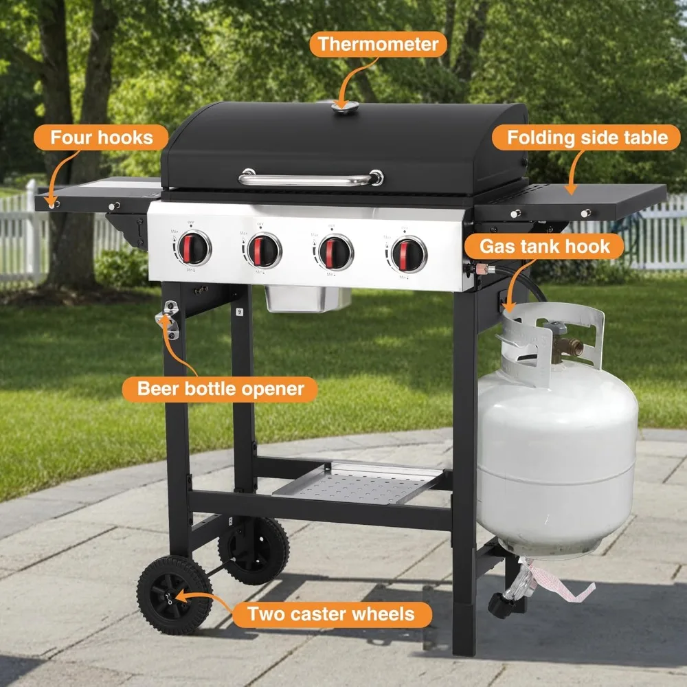

4 Burner Propane Gas Grill, Portable BBQ Grill with Cast Iron Grate & Griddle Pan, Folding Side Table, Customized