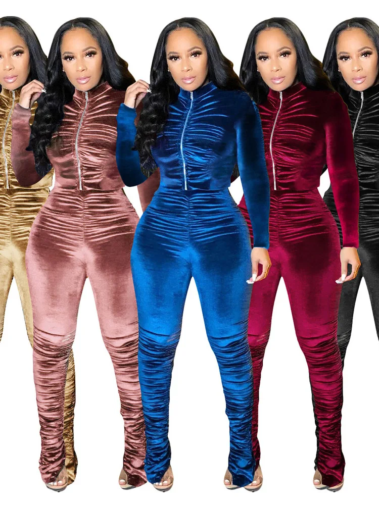 Faion Pleated Casual Long Sve Suit Women's Sli Folded up Top And Pants Ensemble Autumn Collection round Ne Two-Pie...