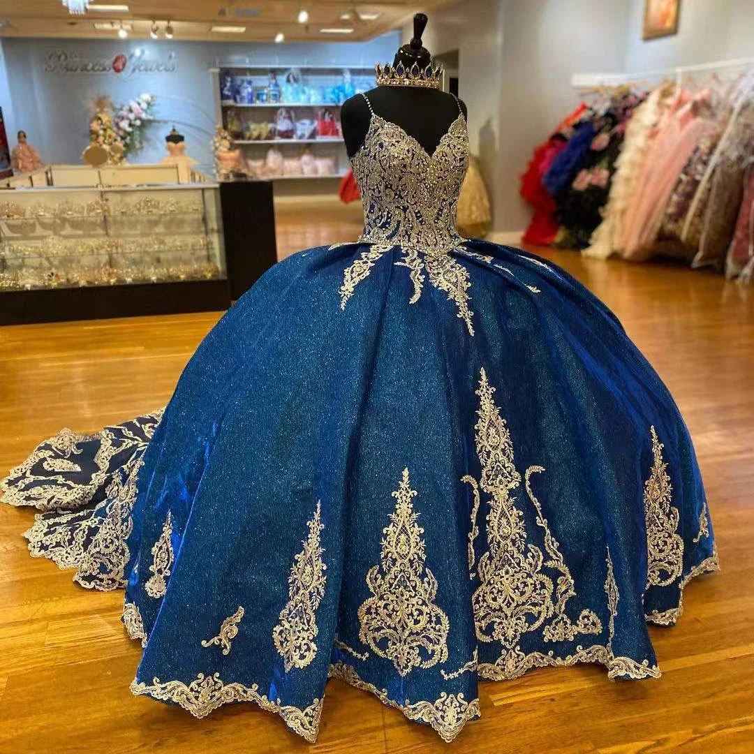 ANGELSBRIDEP-Vestidos De quinceañera azules, vestido De baile para niña De 16 años, apliques De cuentas con lentejuelas, tren De barrido, Vestidos De 15 Años