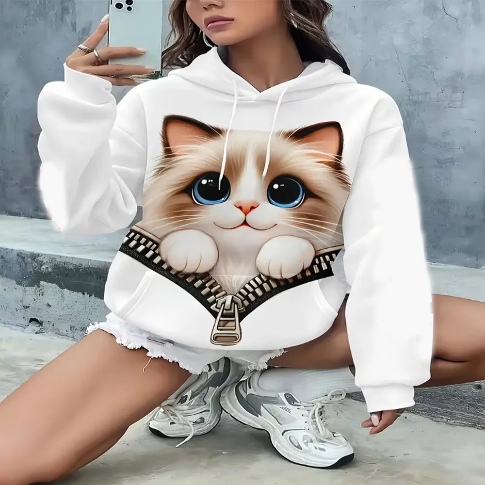 

Женская повседневная толстовка большого размера с милым мультяшным принтом кота, пуловер с карманом-кенгуру на шнурке, удобная женская осенняя уличная одежда