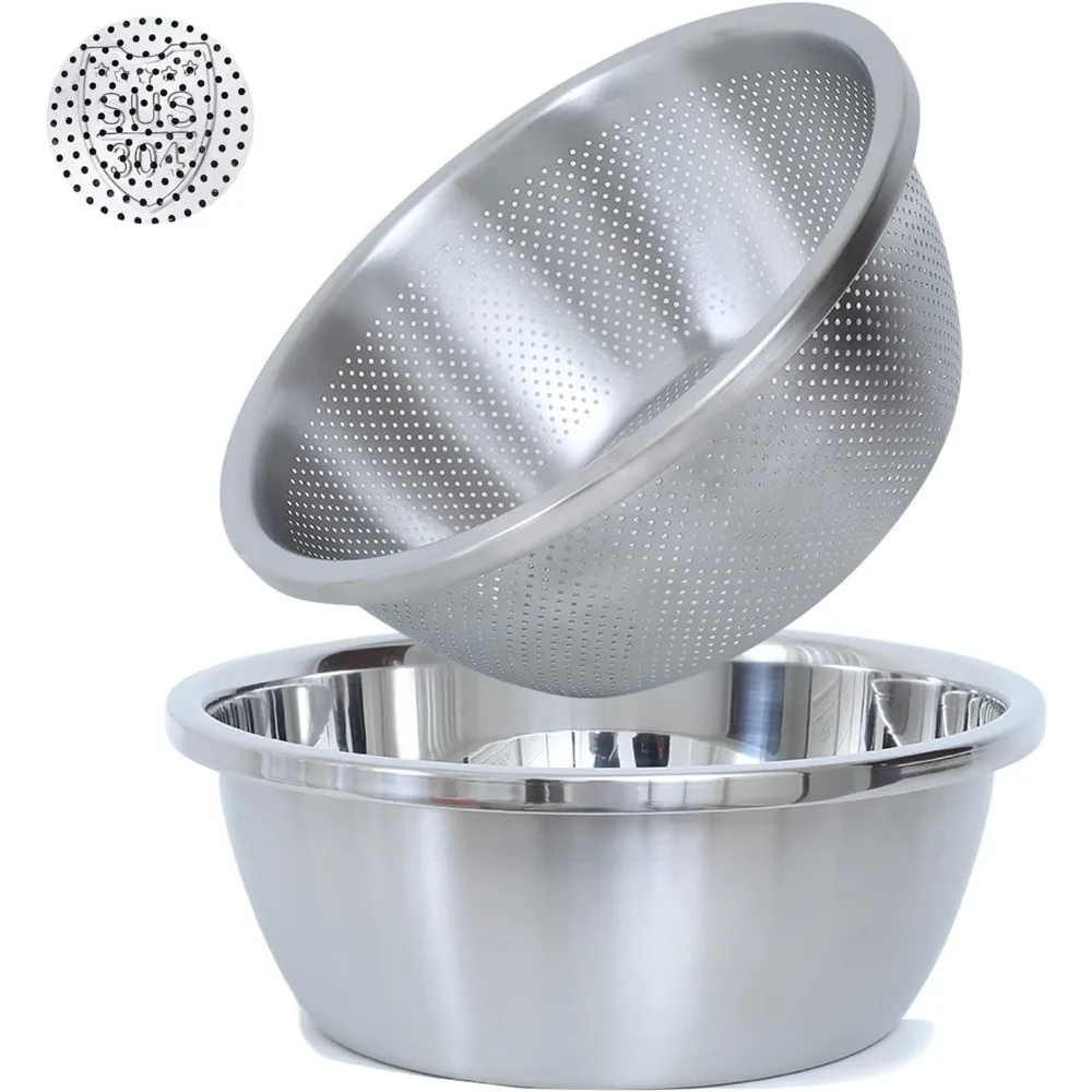 

304 Stainless Steel Microporous Colander, 3.5QT Large Capacity with Mixing Bowl For washing vegetables fruit and rice and for dr