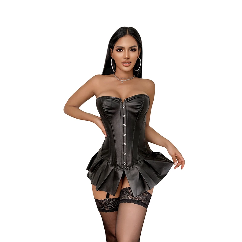 Women\'s Faux Leather Gothic Waist Bustier Corset Dress Black Party Clubwear