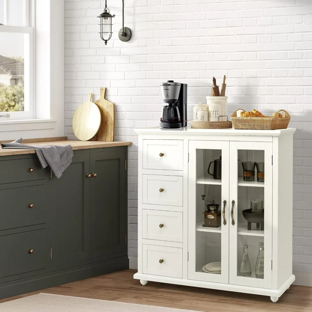 Cabinets, sideboard buffet cabinet with 4 drawers and double glass doors, kitchen console table, embellished buffet glass case