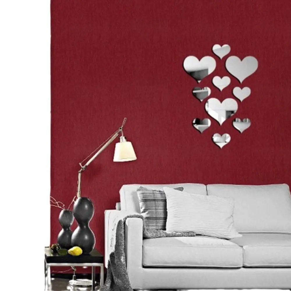 10Pcs/Set Decorative Gold Silver Mirror Wall Sticker Removable 3D Wall Sticker Heart Shape Removable Decal Room Decor
