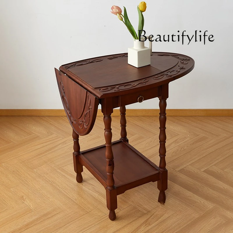 American Style Antique Carved Side Table Foldable Solid Wood Tea Table