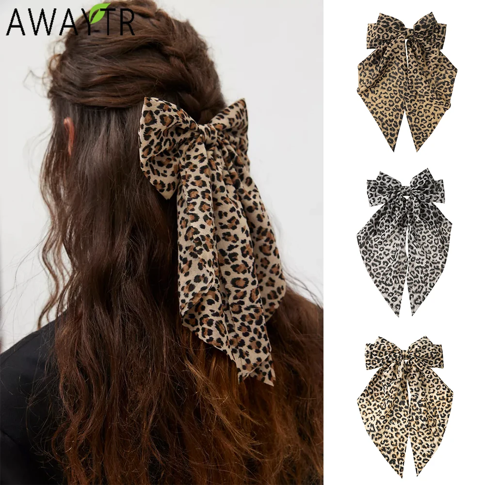 AWAYTR Leopard Ribbon Bow Hairpin Farbic Bowknot Hair Clips Valentine Headwear Girl Hair Accessories Festival Gift