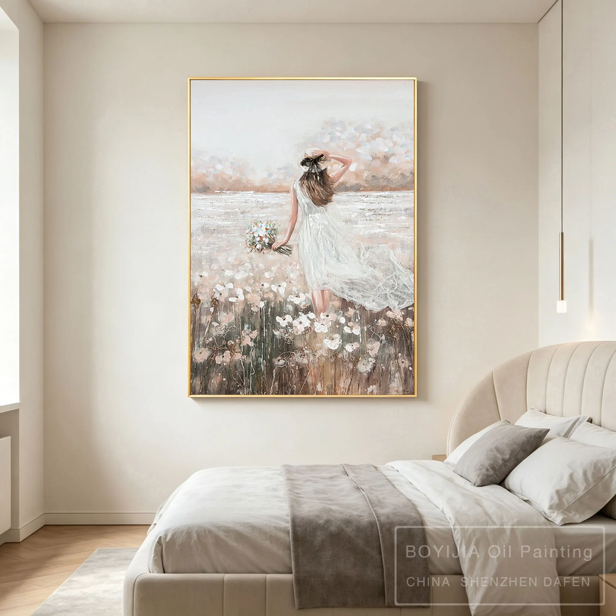 100% handmade abstract oil painting, canvas decorative painting, knife painting, texture beautiful woman picking flowers
