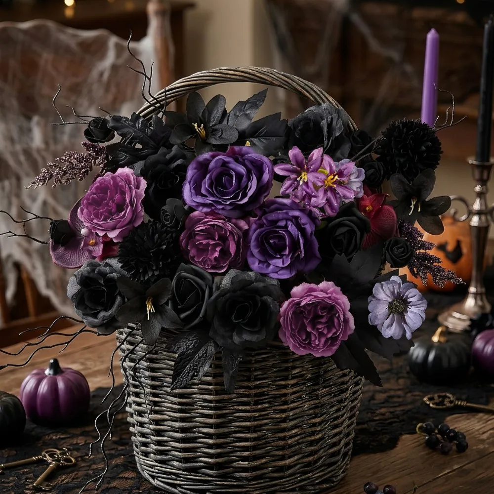 25 Stück Schwarz-Lila Künstliche Blumenköpfe Rose Orchidee Gänseblümchen für Halloween Tischdekoration Dunkle Hochzeit Gothic Dekor Vasen-Accessoire – Detail 7