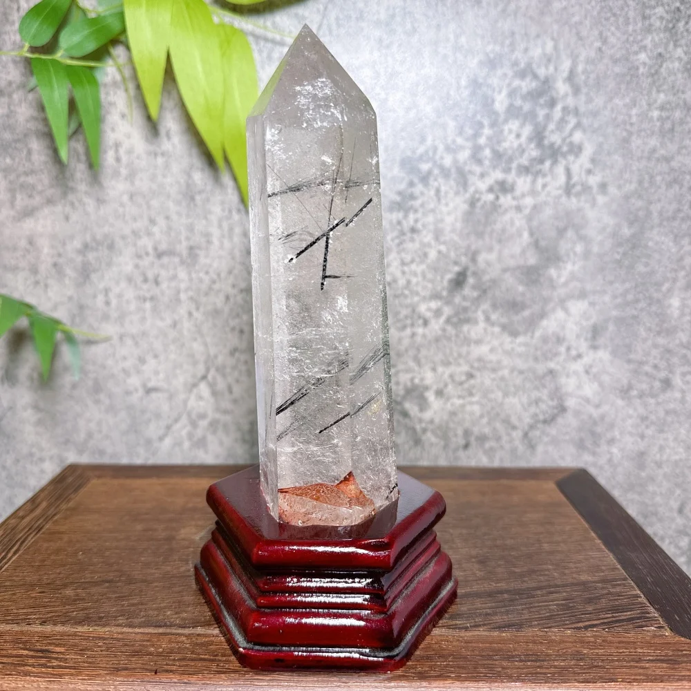 Big Natural Clear Quartz Tower with Black Tourmaline And Rutile Rainbow Home Decor Ornament with Stand Flashy High Quality