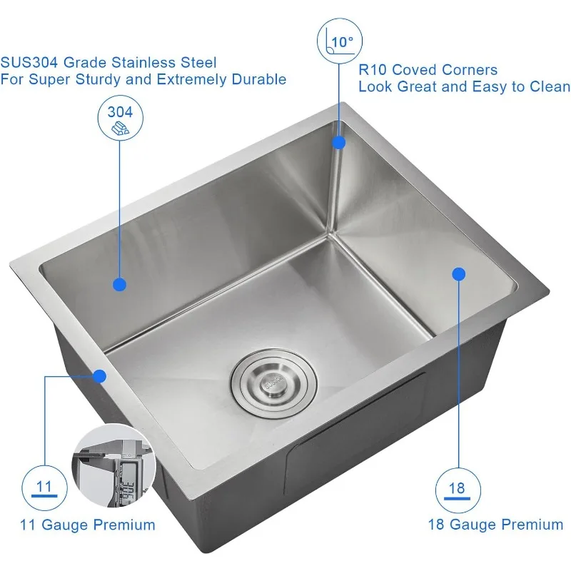 MENATT 24-дюймовая кухонная мойка под креплением, кухонная мойка ручной работы из нержавеющей стали SUS304 с ситом для раковины, 24 x 18 x 9 дюймов