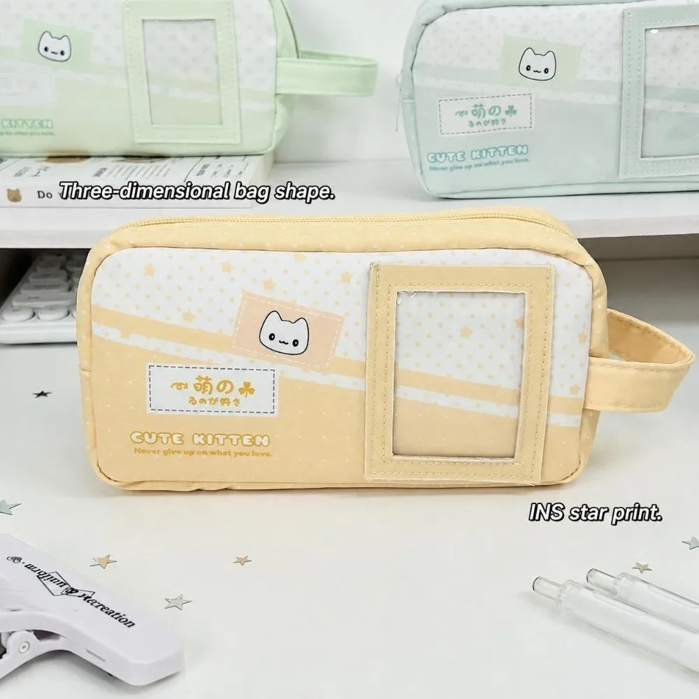 Durable Polka Dot Kitten Print Pencil Case with Handle Multi Colors Pen Bag Large Capacity with Photo Window Stationery Bag Gift