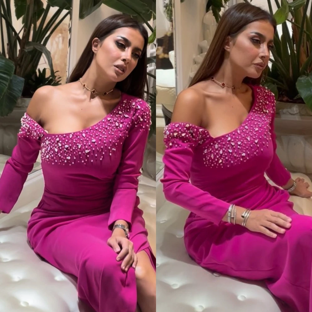 Fashion Sizes Available Asymmetrical One-Shoulder Sheath Evening Dresses Formal Ocassion Gown Beading Satin vestidos para mujer