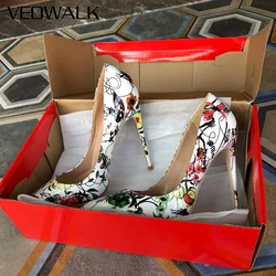 Veowalk 2024 Luxury Floral Printed Women Pointy Toe Stiletto Pumps Fashion Designer Sexy High Heel Party Shoes 12cm 10cm 8cm